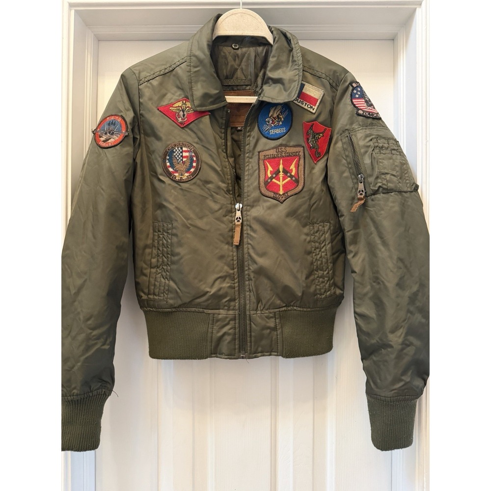 Top Gun Adult Medium Flight Bomber Jacket Military Patch MA-1 Green Maverick